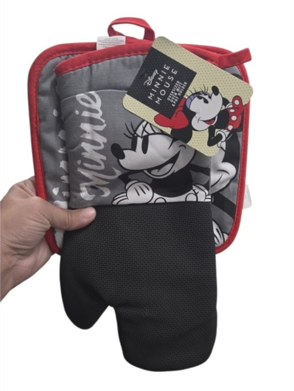 2020 Best Brands Disney Minnie Mouse Pot Holder Over Mitt Set Black Red White